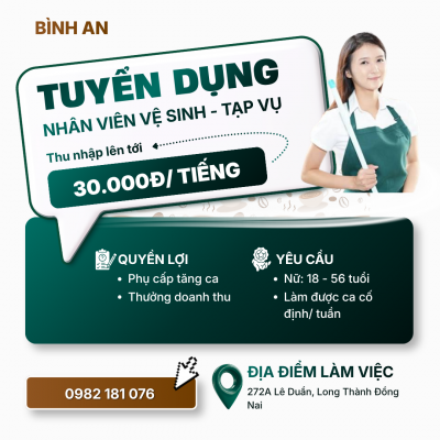 TUYỂN NHÂN VIÊN TẠP VỤ - VỆ SINH NGÂN HÀNG VIETCOMBANK CN LONG THÀNH